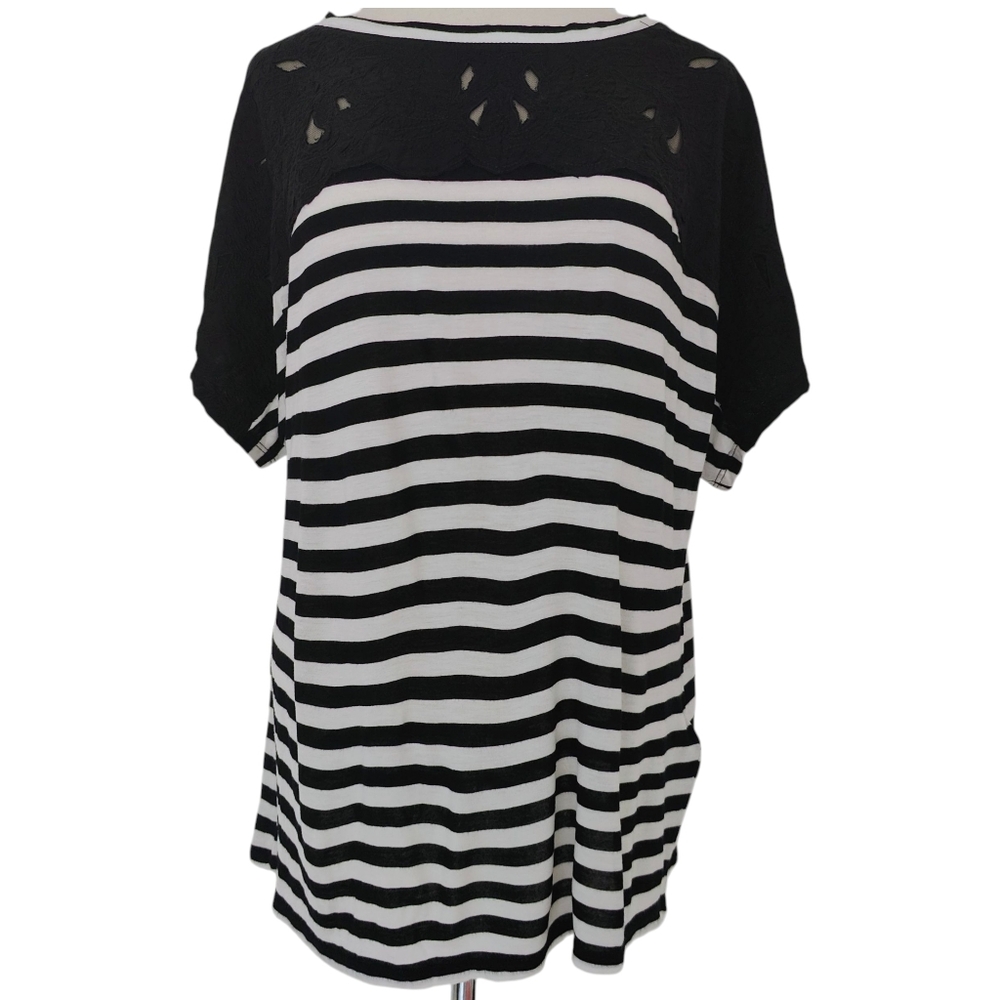 Chicos Black and White Striped Shirt Large 2 12 Epic Stripe Lace Yoke Top NWT